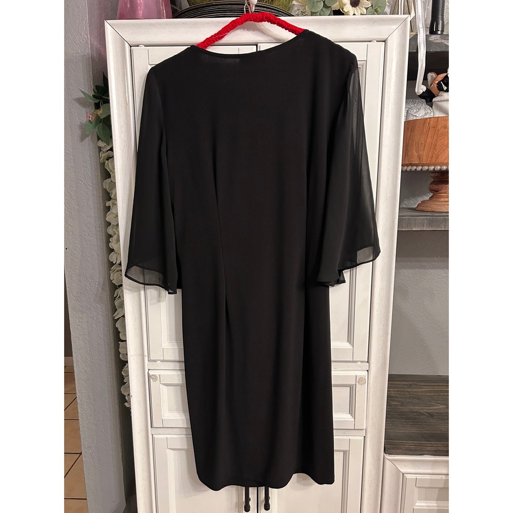 Black Sheer Flutter Sleeve Rhinestone Draped Cocktail Dress LARGE - Picture 6 of 10